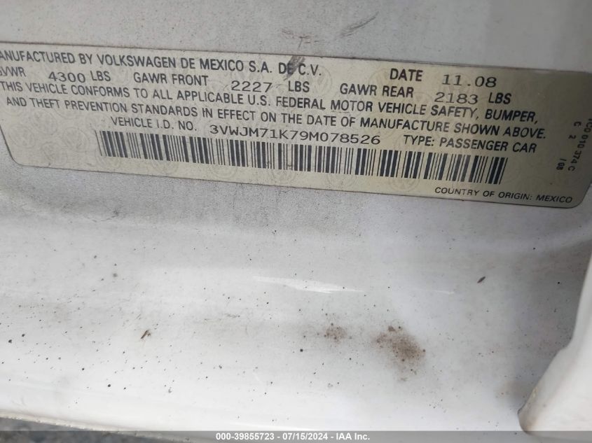 2009 Volkswagen Jetta S VIN: 3VWJM71K79M078526 Lot: 39855723
