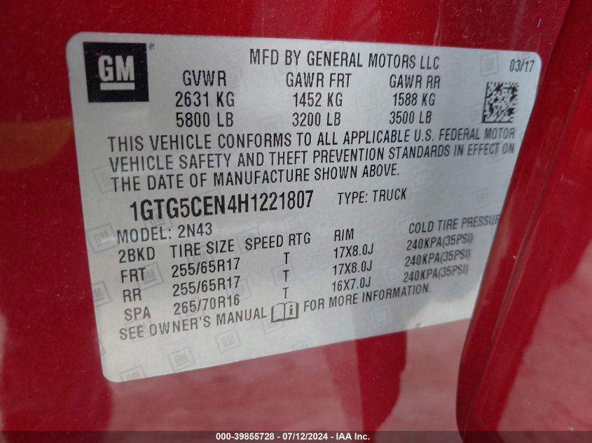 1GTG5CEN4H1221807 2017 GMC Canyon Sle