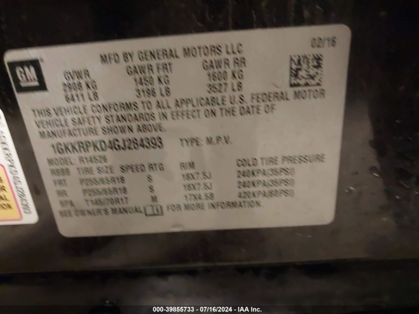 2016 GMC Acadia Sle-2 VIN: 1GKKRPKD4GJ284393 Lot: 39855733