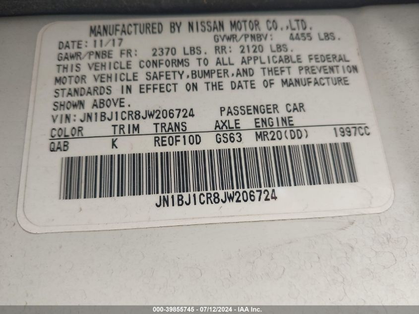 2018 Nissan Rogue Sport Sl VIN: JN1BJ1CR8JW206724 Lot: 39855745
