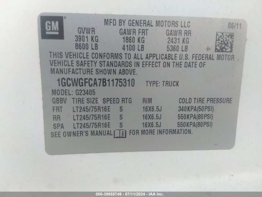 2011 Chevrolet Express 2500 Work Van VIN: 1GCWGFCA7B1175310 Lot: 39855749