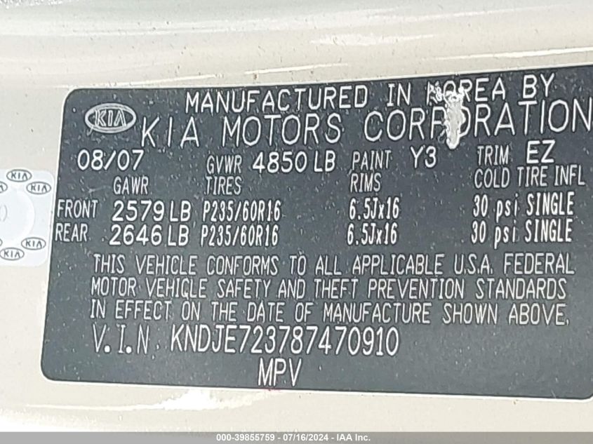 2008 Kia Sportage Ex V6 VIN: KNDJE723787470910 Lot: 39855759