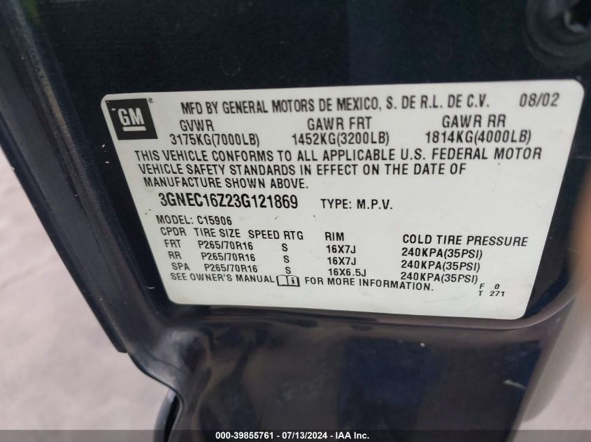 3GNEC16Z23G121869 2003 Chevrolet Suburban C1500