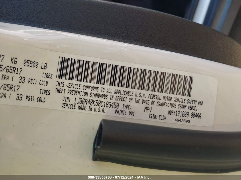 2008 Jeep Grand Cherokee Laredo VIN: 1J8GR48K58C183450 Lot: 39855768