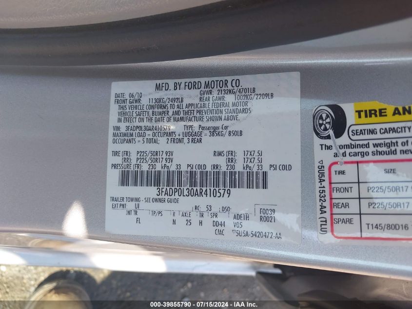 2010 Ford Fusion Hybrid VIN: 3FADP0L30AR410579 Lot: 39855790