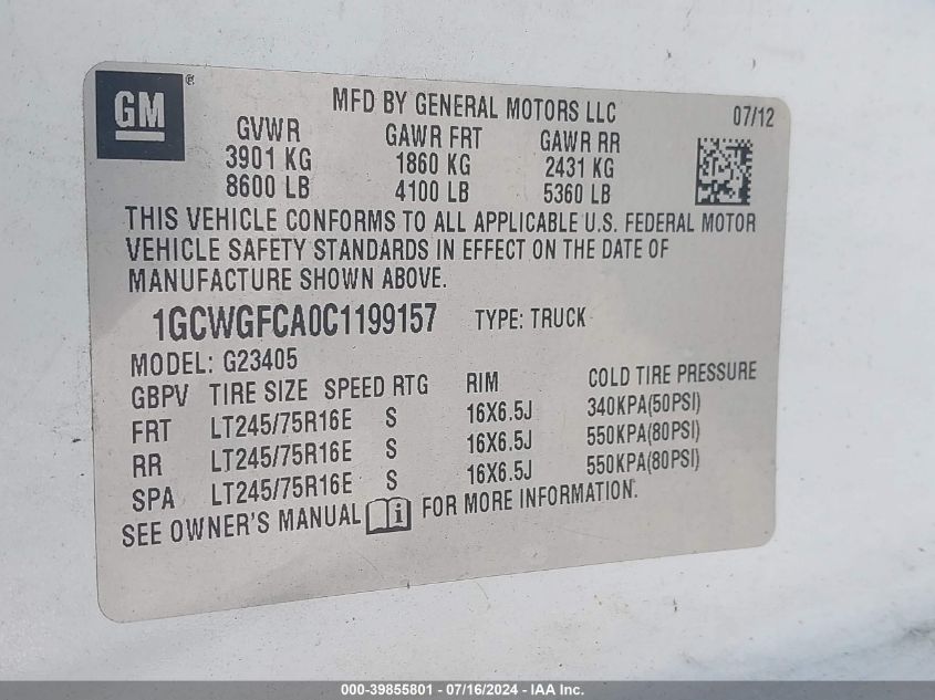 2012 Chevrolet Express 2500 VIN: 1GCWGFCA0C1199157 Lot: 39855801