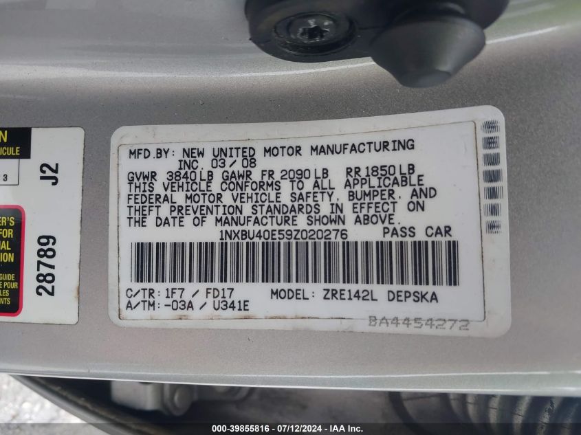 2009 Toyota Corolla S/Le/Xle VIN: 1NXBU40E59Z020276 Lot: 39855816