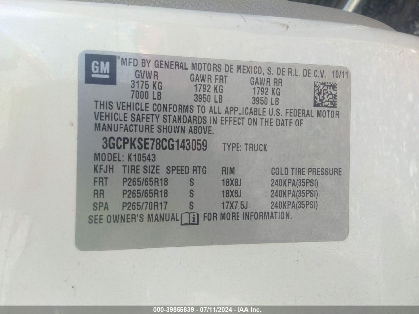 2012 Chevrolet Silverado 1500 Lt VIN: 3GCPKSE78CG143059 Lot: 39855839