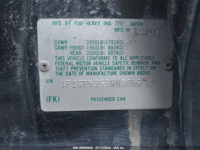 1998 Subaru Impreza L VIN: JF1GF4353WH806278 Lot: 39855845