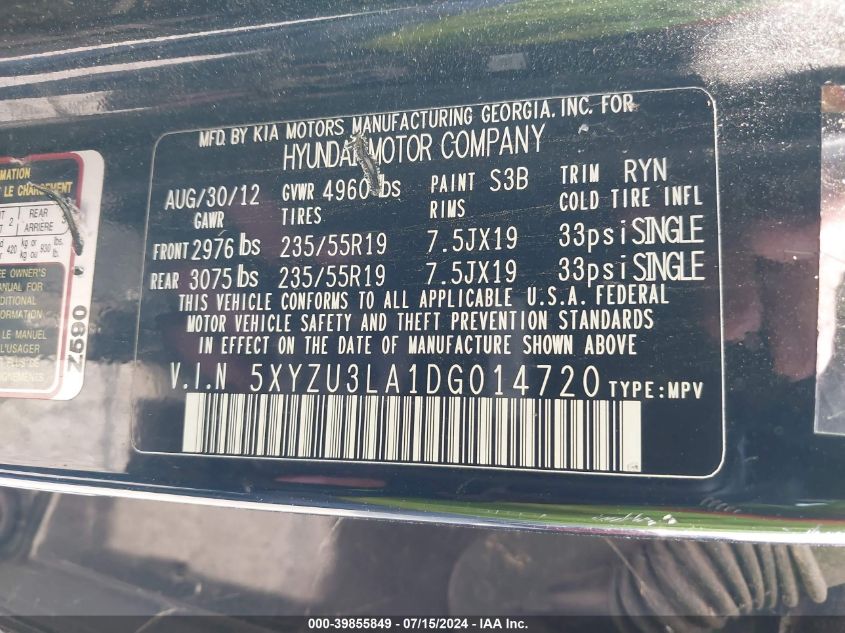 2013 Hyundai Santa Fe Sport 2.0T VIN: 5XYZU3LA1DG014720 Lot: 39855849