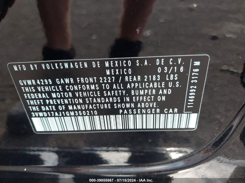 2016 Volkswagen Jetta 1.8T Sport VIN: 3VWD17AJ1GM350210 Lot: 39855867