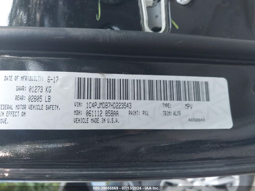 2017 Jeep Cherokee Limited VIN: 1C4PJMDB7HD223543 Lot: 39855869