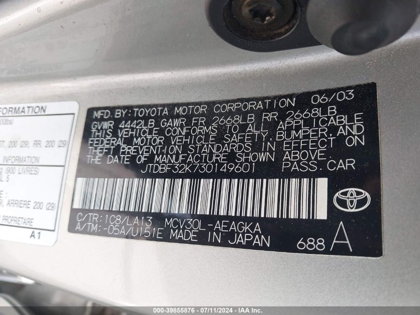 2003 Toyota Camry Xle V6 VIN: JTDBF32K730149601 Lot: 39855876