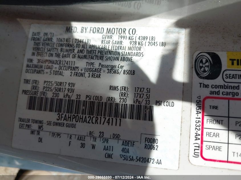 2012 Ford Fusion Se VIN: 3FAHP0HA2CR174111 Lot: 39855880