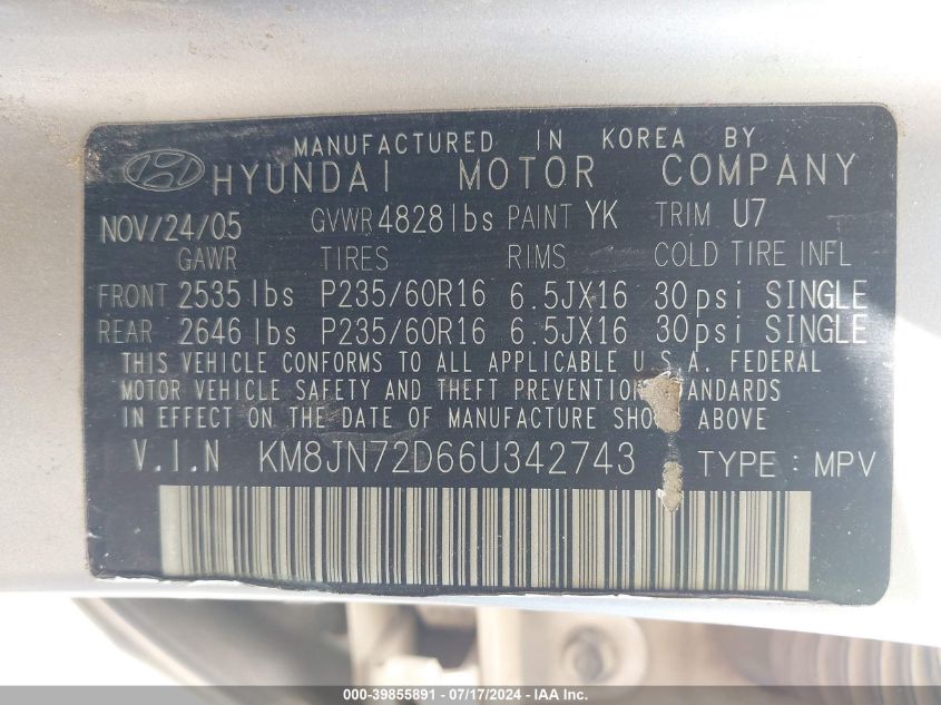 2006 Hyundai Tucson Gls/Limited VIN: KM8JN72D66U342743 Lot: 39855891