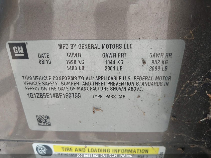 2011 Chevrolet Malibu Ls VIN: 1G1ZB5E14BF169799 Lot: 39855892