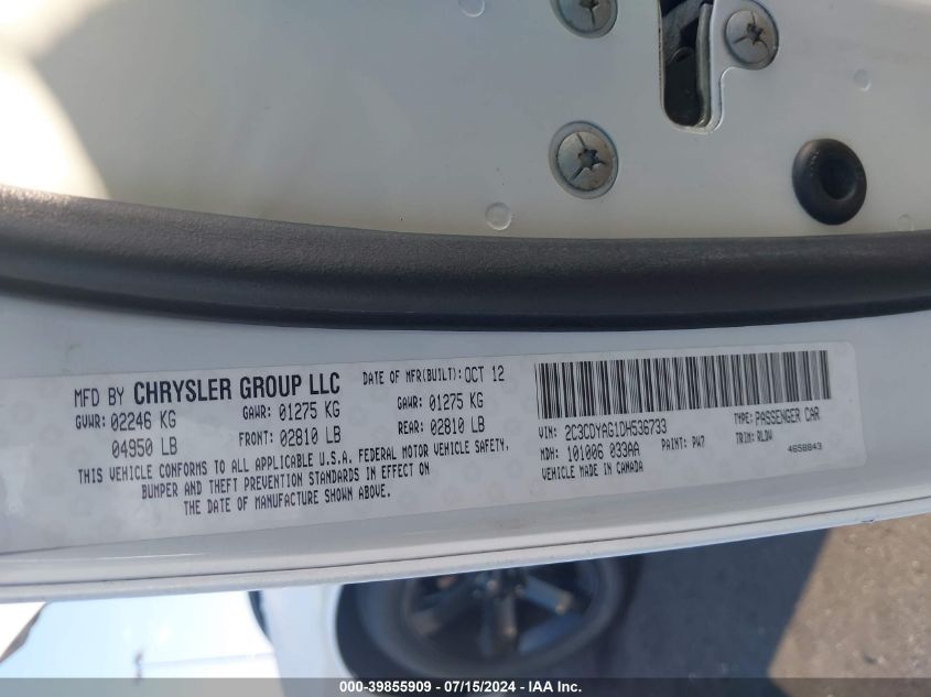 2013 Dodge Challenger Sxt Plus VIN: 2C3CDYAG1DH536733 Lot: 39855909