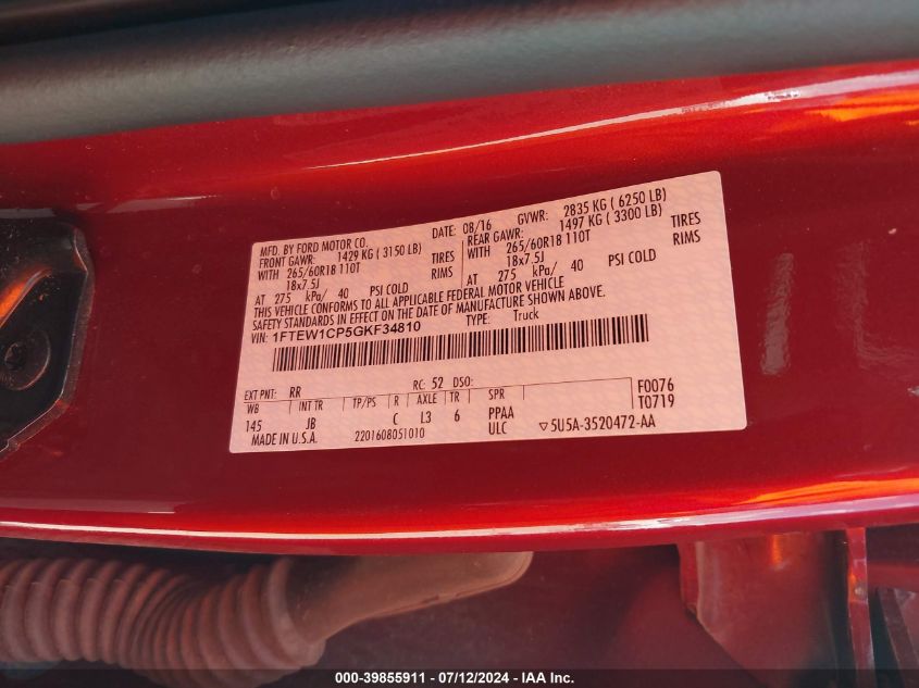 2016 Ford F-150 Xlt VIN: 1FTEW1CP5GKF34810 Lot: 39855911