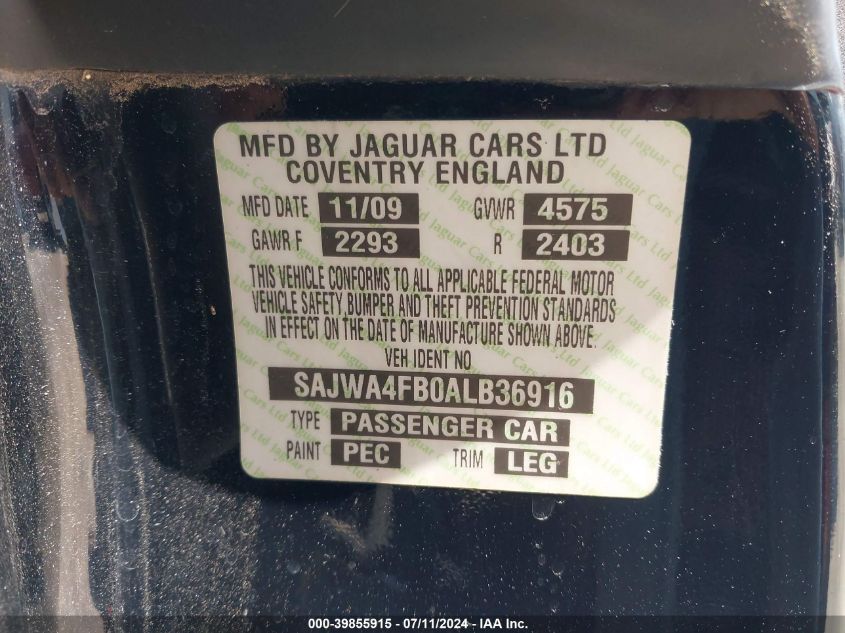 2010 Jaguar Xk VIN: SAJWA4FB0ALB36916 Lot: 39855915