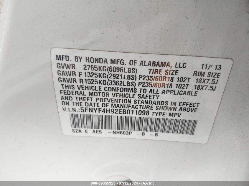 2014 Honda Pilot Touring VIN: 5FNYF4H92EB011098 Lot: 39855923