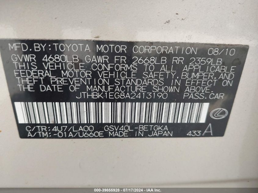 2010 Lexus Es 350 VIN: JTHBK1EG8A2413190 Lot: 39855928