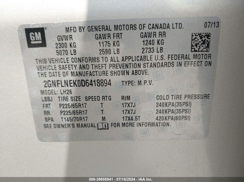 2013 Chevrolet Equinox 2Lt VIN: 2GNFLNEK0D6418894 Lot: 39855941