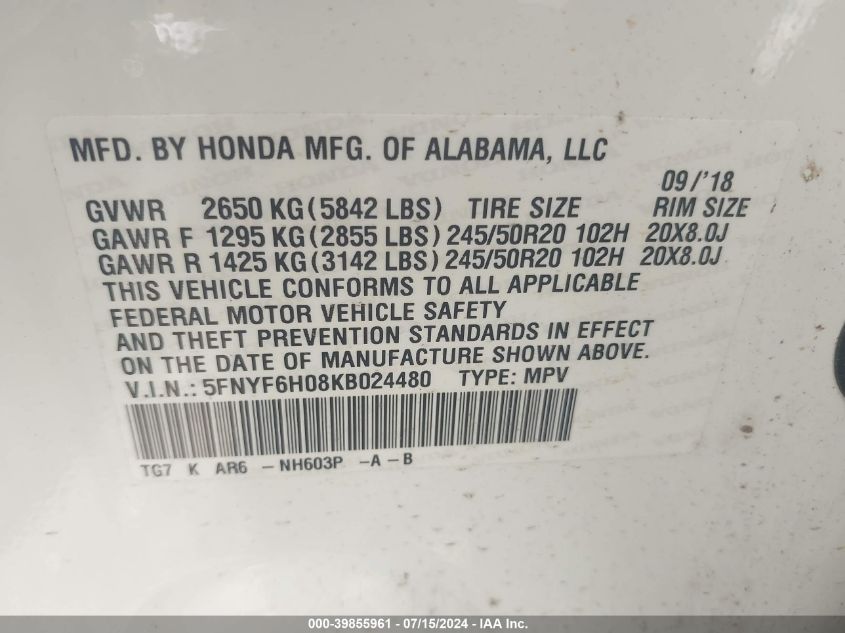 2019 Honda Pilot Elite VIN: 5FNYF6H08KB024480 Lot: 39855961