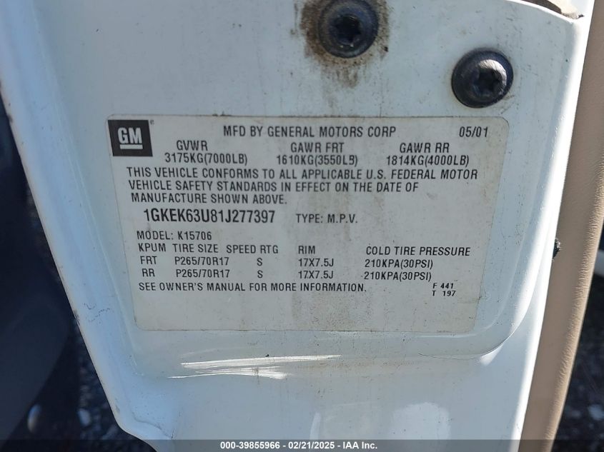 2001 GMC Yukon Denali VIN: 1GKEK63U81J277397 Lot: 39855966