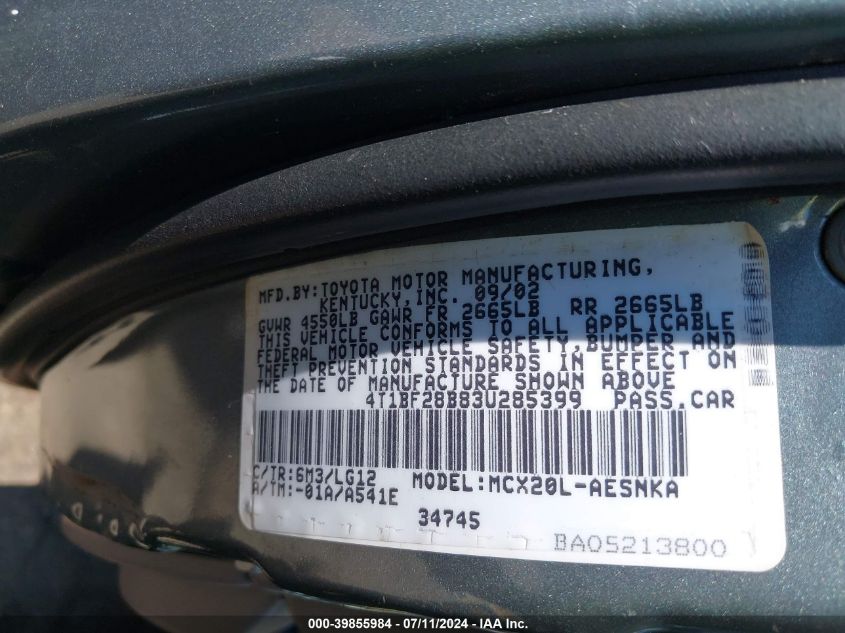 2003 Toyota Avalon Xl VIN: 4T1BF28B83U285399 Lot: 39855984