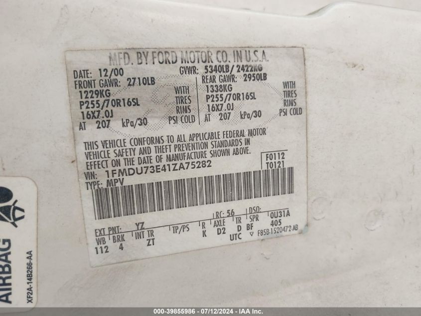 2001 Ford Explorer Xlt VIN: 1FMDU73E41ZA75282 Lot: 39855986