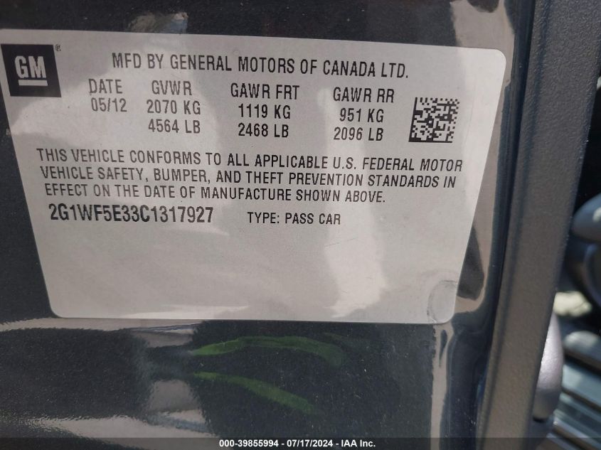 2012 Chevrolet Impala Ls VIN: 2G1WF5E33C1317927 Lot: 39855994