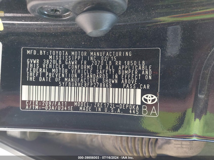 2015 TOYOTA COROLLA L - 5YFBURHE8FP278869