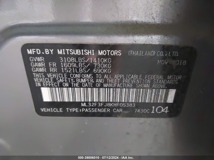 2019 Mitsubishi Mirage G4 Es VIN: ML32F3FJ8KHF05383 Lot: 39856010