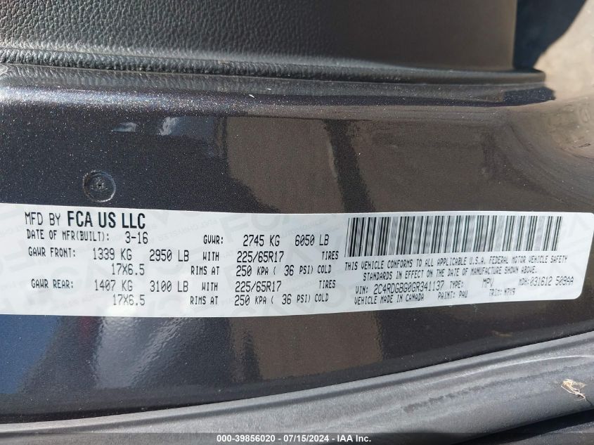 2016 Dodge Grand Caravan Se Plus VIN: 2C4RDGBG0GR341137 Lot: 39856020