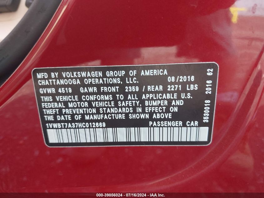 2017 Volkswagen Passat Se VIN: 1VWBT7A37HC012669 Lot: 39856024