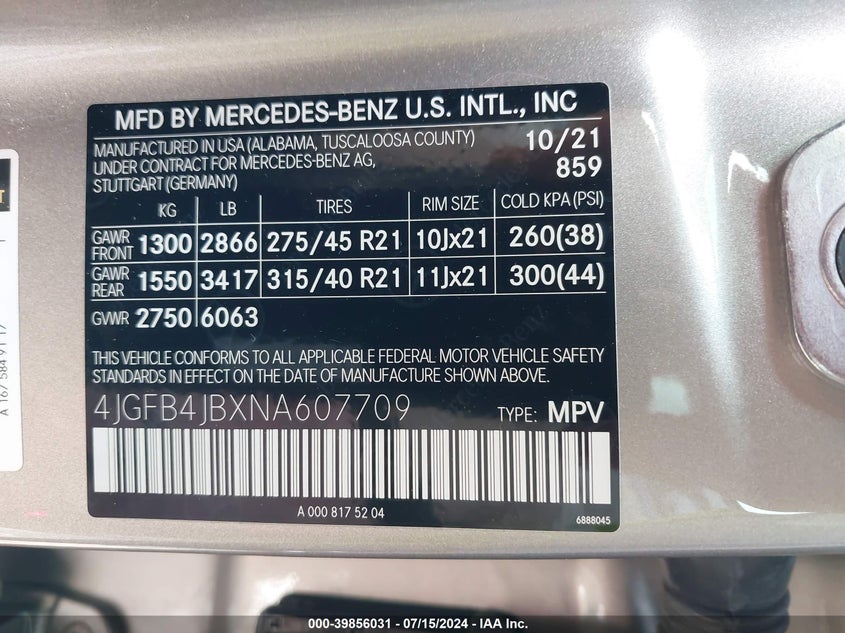 2022 MERCEDES-BENZ GLE 350 VIN: 4JGFB4JBXNA607709
