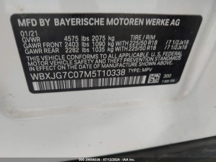 2021 BMW X1 Sdrive28I VIN: WBXJG7C07M5T10338 Lot: 39856036