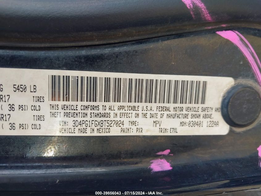 2011 Dodge Journey Mainstreet VIN: 3D4PG1FGXBT527024 Lot: 39856043