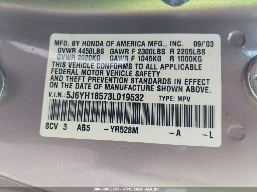 2003 Honda Element Ex VIN: 5J6YH18573L019532 Lot: 39856051