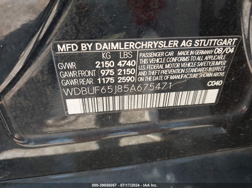 2005 Mercedes-Benz E-Class 3.2L VIN: WDBUF65J85A675471 Lot: 39856057