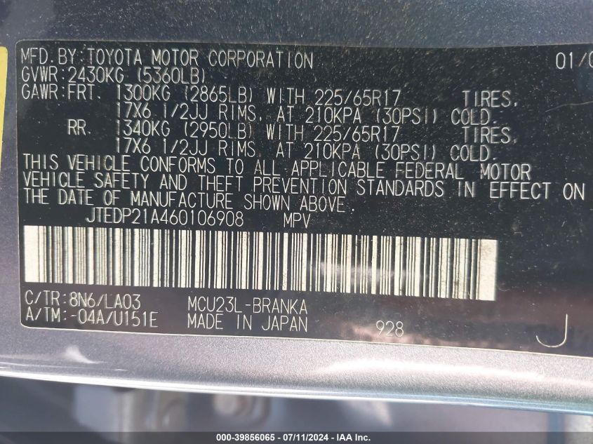 2006 Toyota Highlander Limited V6 VIN: JTEDP21A460106908 Lot: 39856065