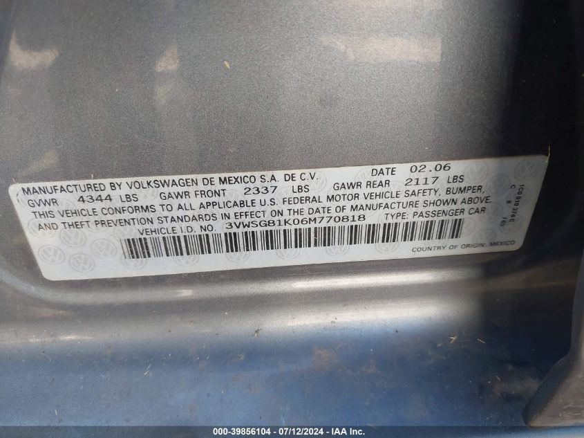 2006 Volkswagen Jetta 2.5 VIN: 3VWSG81K06M770818 Lot: 39856104