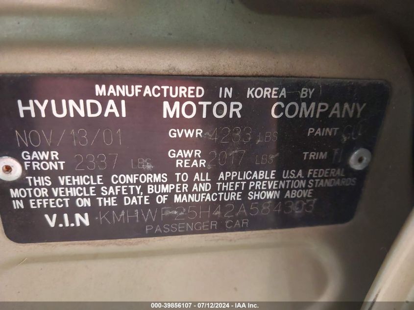 2002 Hyundai Sonata Gls VIN: KMHWF25H42A584303 Lot: 39856107