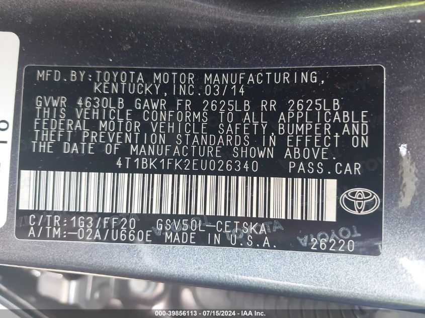 2014 Toyota Camry Se V6 VIN: 4T1BK1FK2EU026340 Lot: 39856113