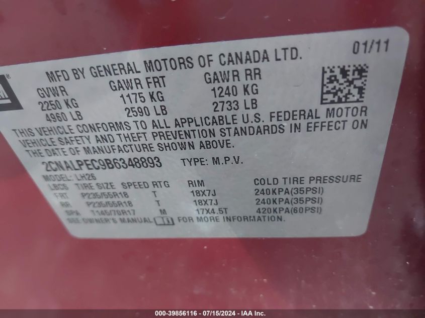 2011 Chevrolet Equinox 2Lt VIN: 2CNALPEC9B6348893 Lot: 39856116