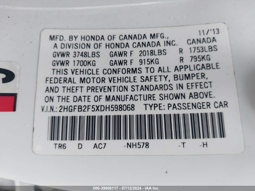 2013 Honda Civic Lx VIN: 2HGFB2F5XDH598068 Lot: 39856117