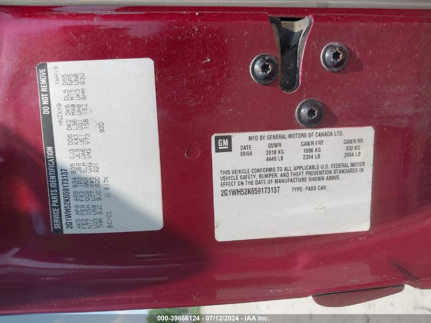 2005 Chevrolet Impala Ls VIN: 2G1WH52K659173137 Lot: 39856124