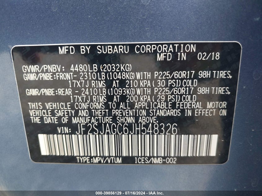 2018 Subaru Forester 2.5I Premium VIN: JF2SJAGC6JH548326 Lot: 39856129