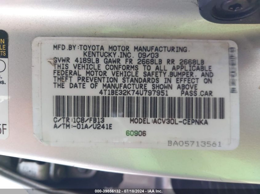 2004 Toyota Camry Le VIN: 4T1BE32K74U797951 Lot: 39856132