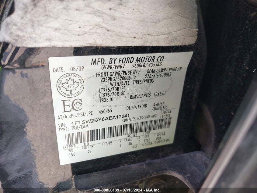 2010 Ford F-250 Cabela's/King Ranch/Lariat/Xl/Xlt VIN: 1FTSW2BY6AEA17041 Lot: 39856139